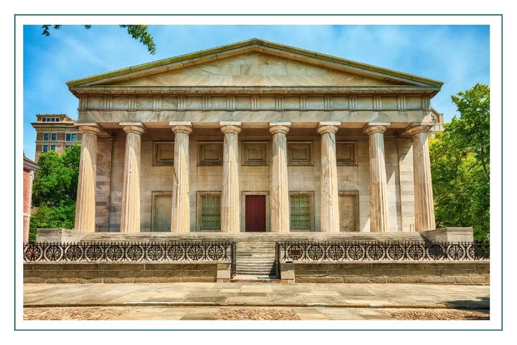 Columned façade of the Second Bank of the United States in Philadelphia