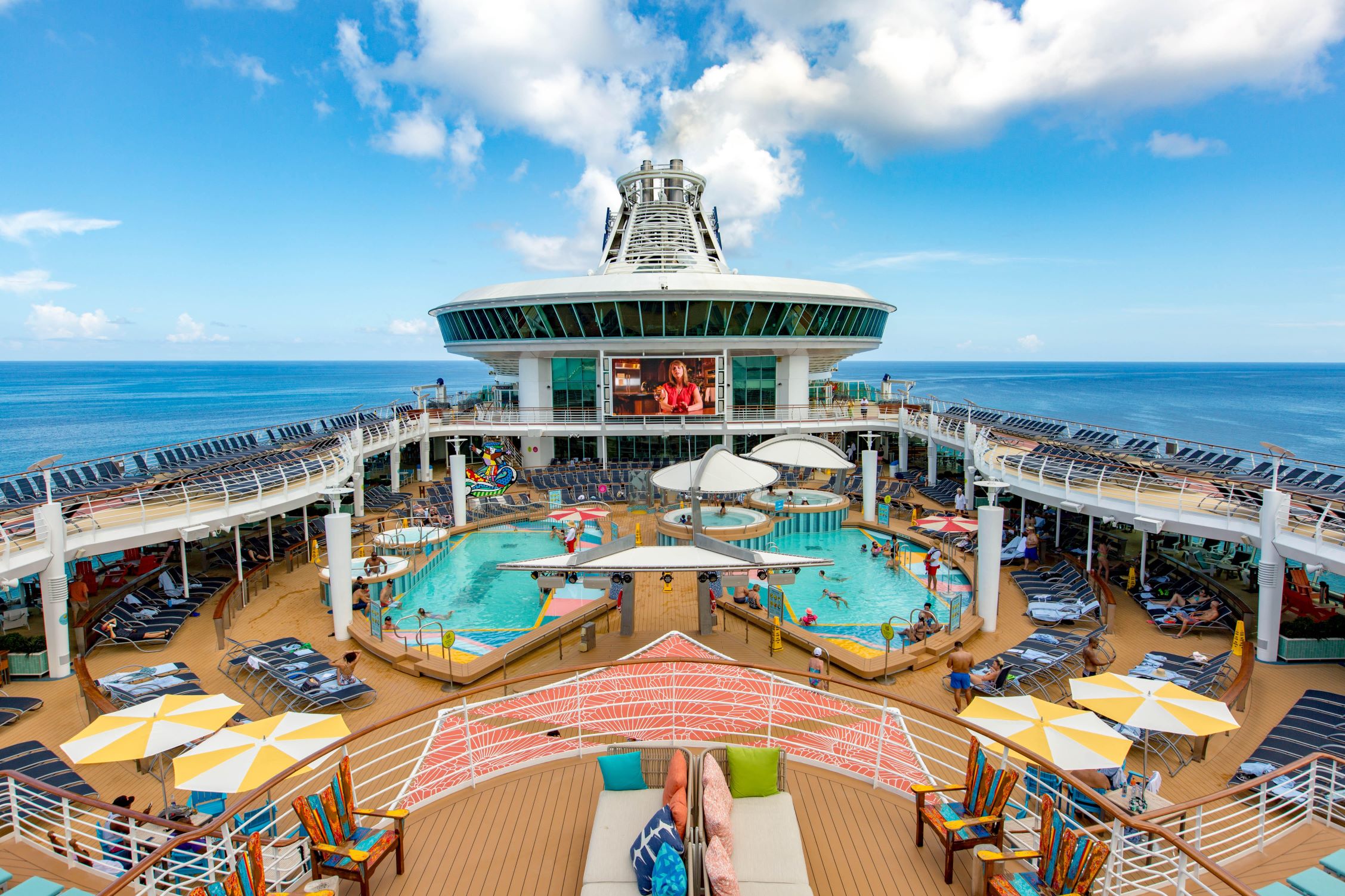 View of top deck and pools on Mariner of the Seas cruise ship