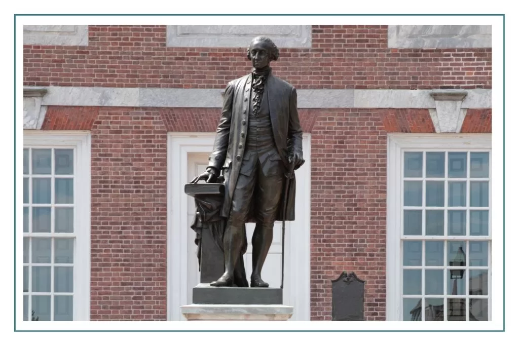 Statue of George Washington in front of Independence Hall in Philadelphia