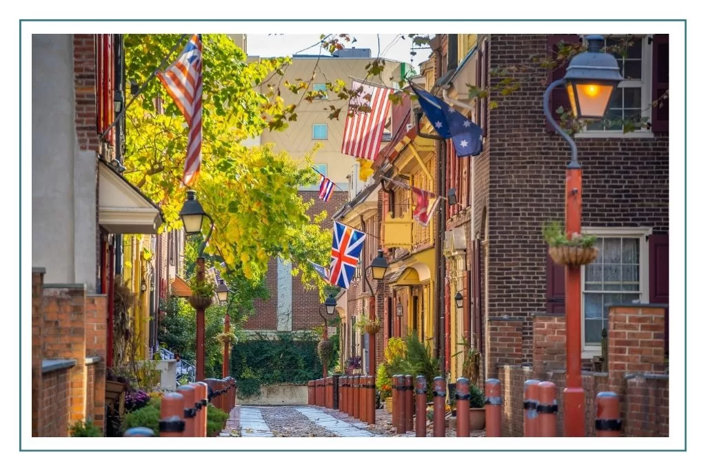 Elfreth's Alley in Philadelphia, a row of 18th century brick homes