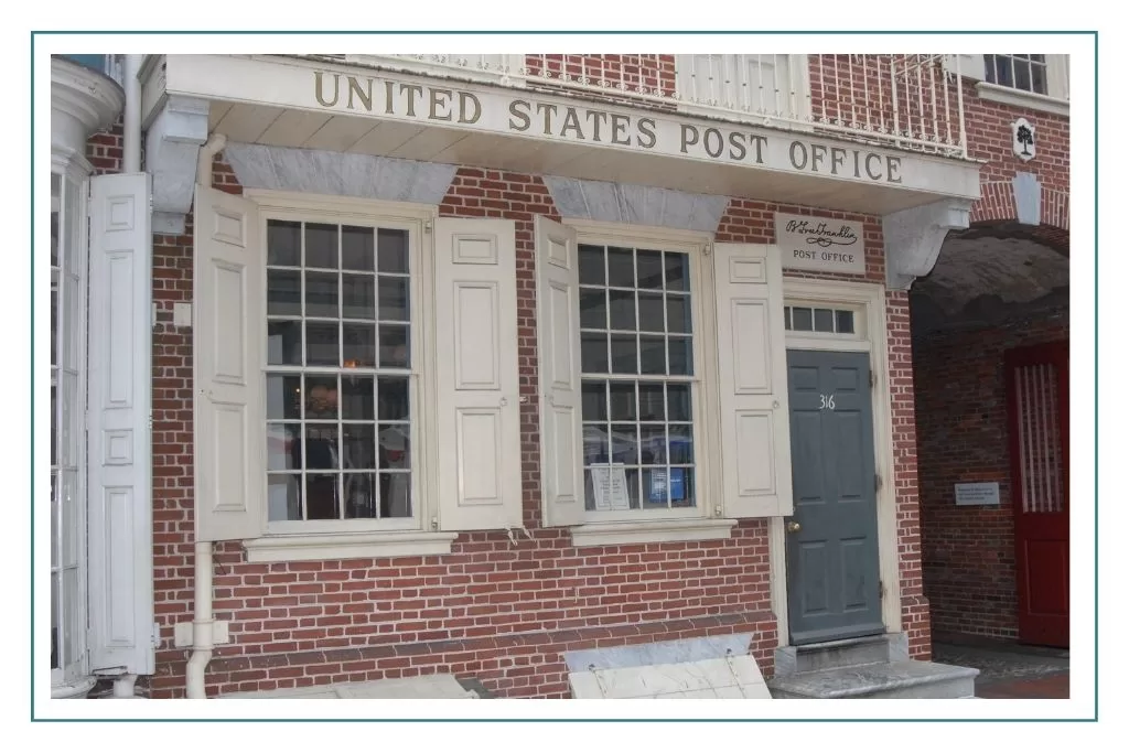 The brick facade of the B. Free Franklin Post Office in Philadelphia