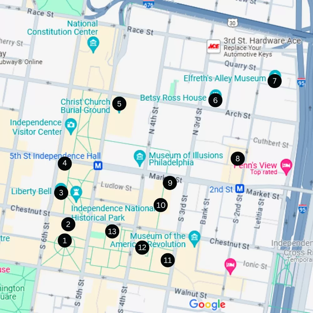 Map of Philadelphia with 13 markers for notable historical sites