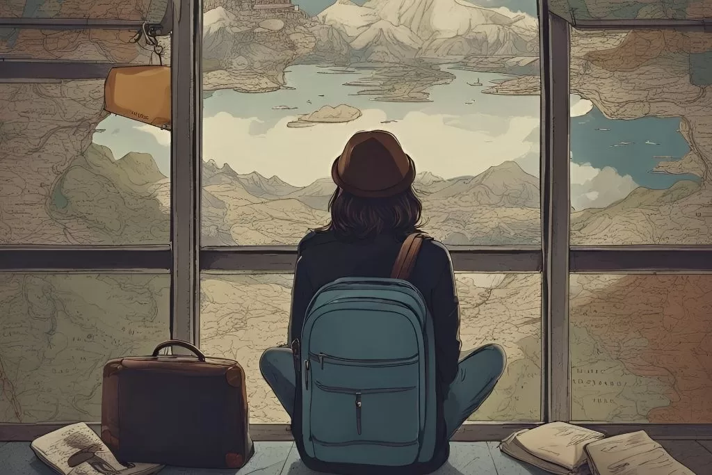 Illustration of a woman facing away from the camera, wearing a backpack, and staring out a window at mountains