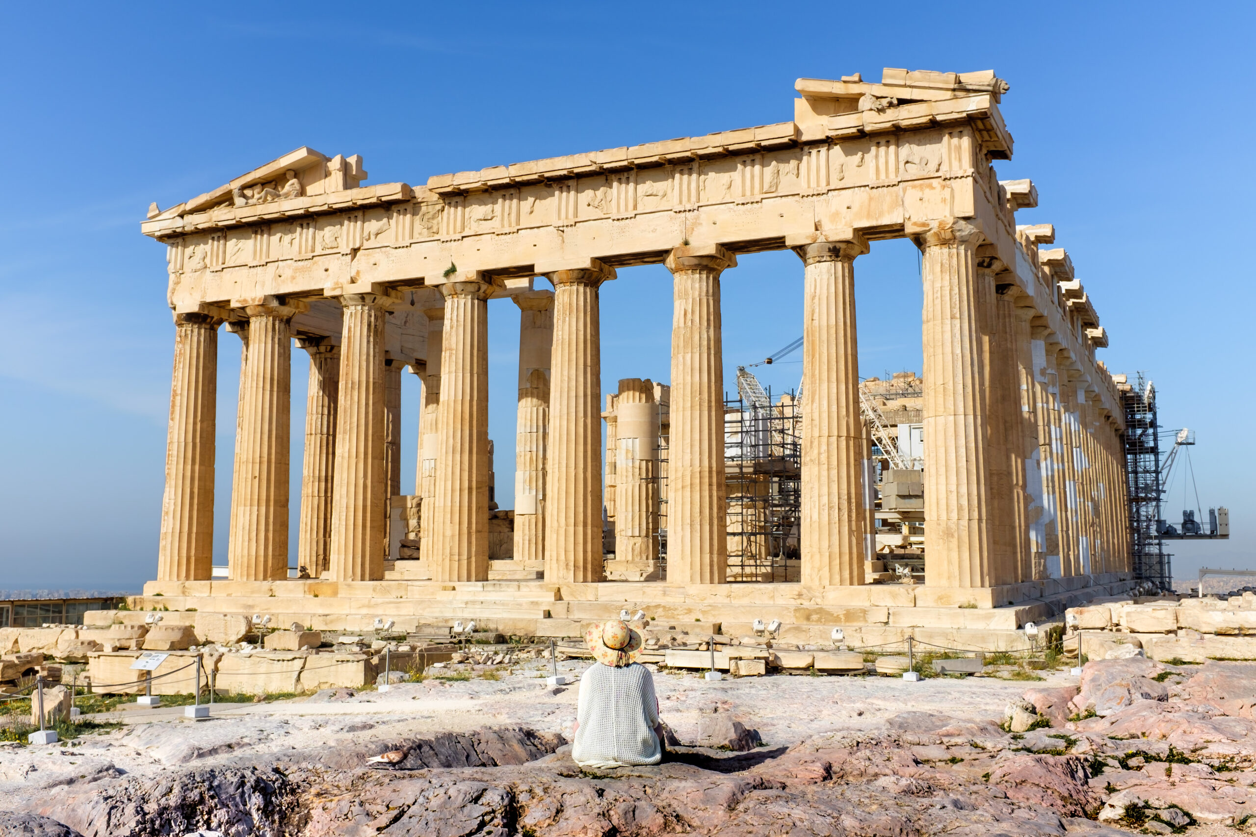 The columned ancient building of the Parthenon in Athens, Greece