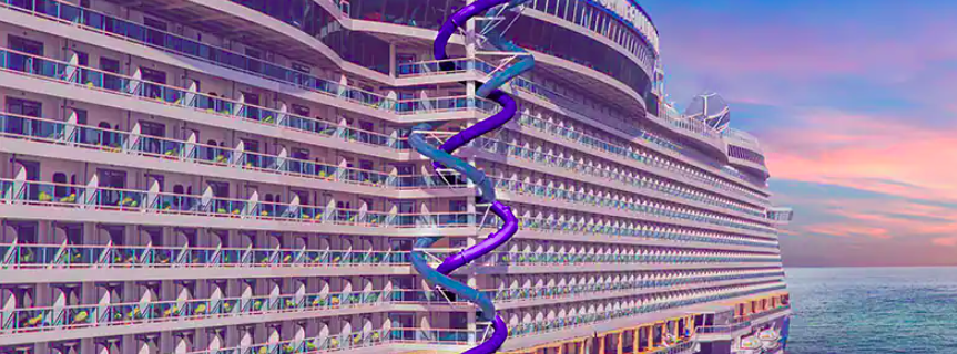 Ten story corkscrew water slide on the side of a cruise ship