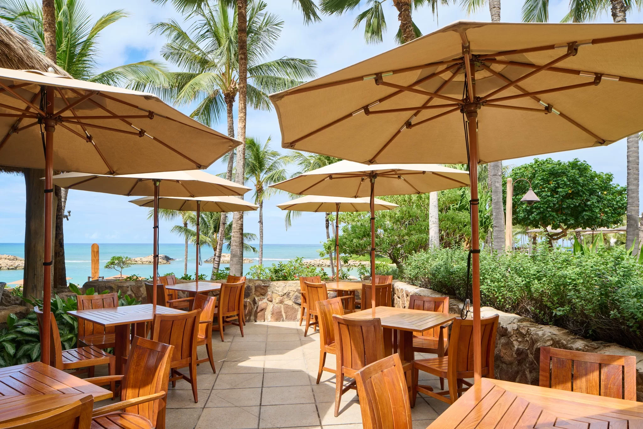 Tables with umbrellas outdoors on a patio surrounded by palm trees