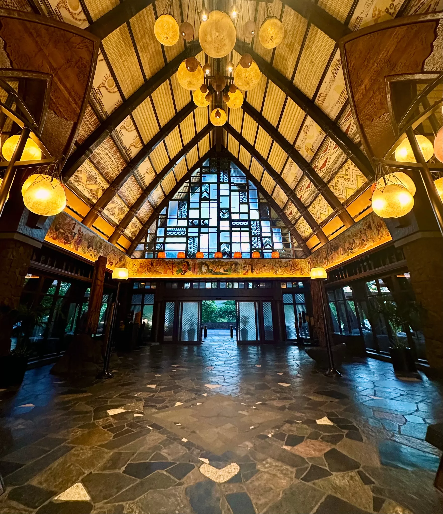 Hotel lobby with Polynesian theme