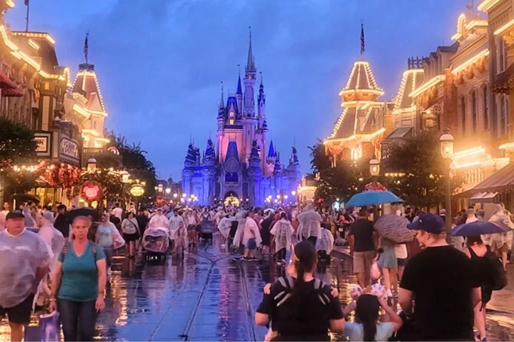 A rainy evening at Disney World's Magic Kingdom in Orlando, Florida.