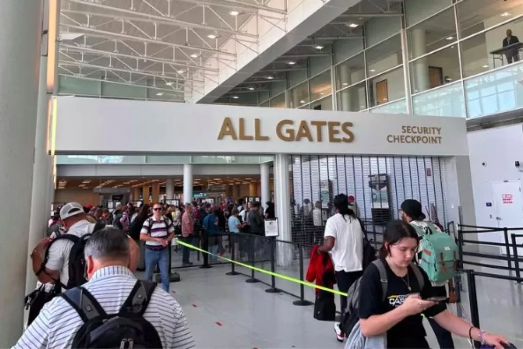 TSA security check with long lines and crowds of people at Charlotte International Airport, North Carolina