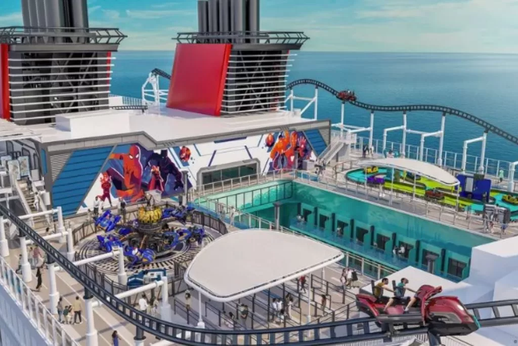 A rendering of the Marvel Landing coaster on board the Disney Adventure